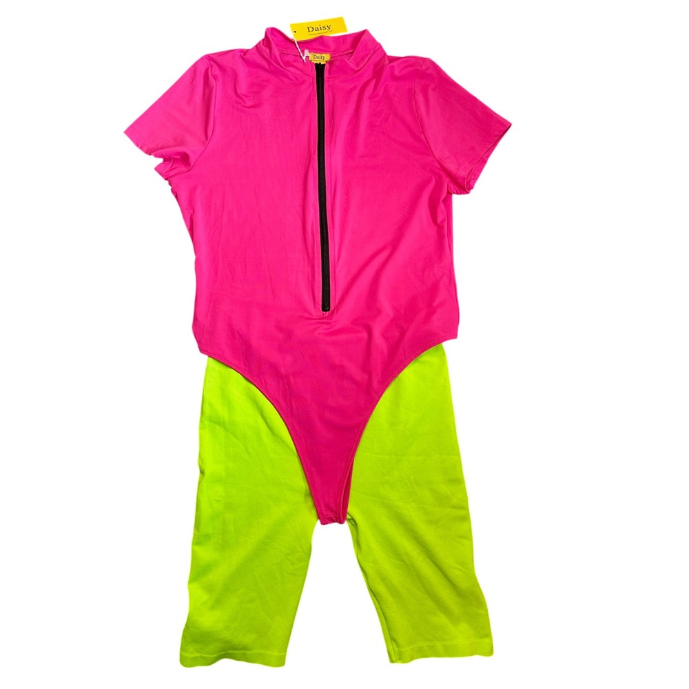 NWT Neon 80s Aerobics Costume Set plus size 2X  Halloween Barbie Pink bodysuit